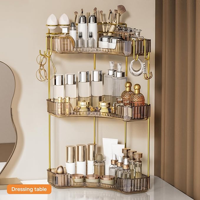 3-Tier Corner Bathroom Counter Organizer,Makeup & Skincare Shelf with Built-in Brush Holder,Space-Saving Bathroom Countertop Organizer for Skincare, Perfume, Cosmetics(Green)