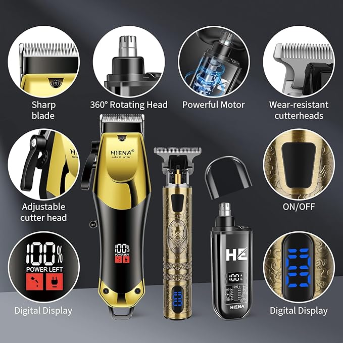 HIENA PRO Professional Hair Clippers & Cordless Barber Clippers for Men, Rechargeable Trimmer Set and Facial Grooming Tool Kit, Ear, Nose Hair Trimmer Set, Gifts for Men