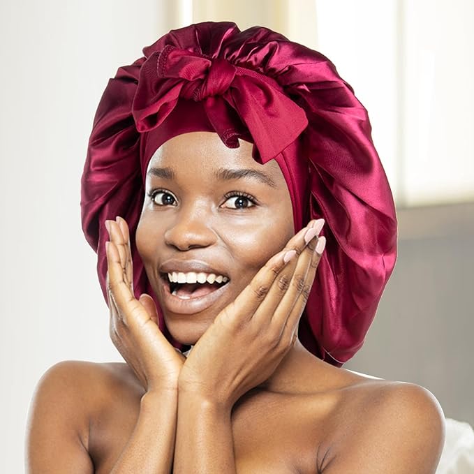 Arqumi Pack of 2 Satin Sleeping Bonnet, Large Sleep Cap with Long Strap, Reduce-Friction Prevent-Frizz Curly Hair, Adjustable Hair Bonnet for Women & Men, Purple+Red