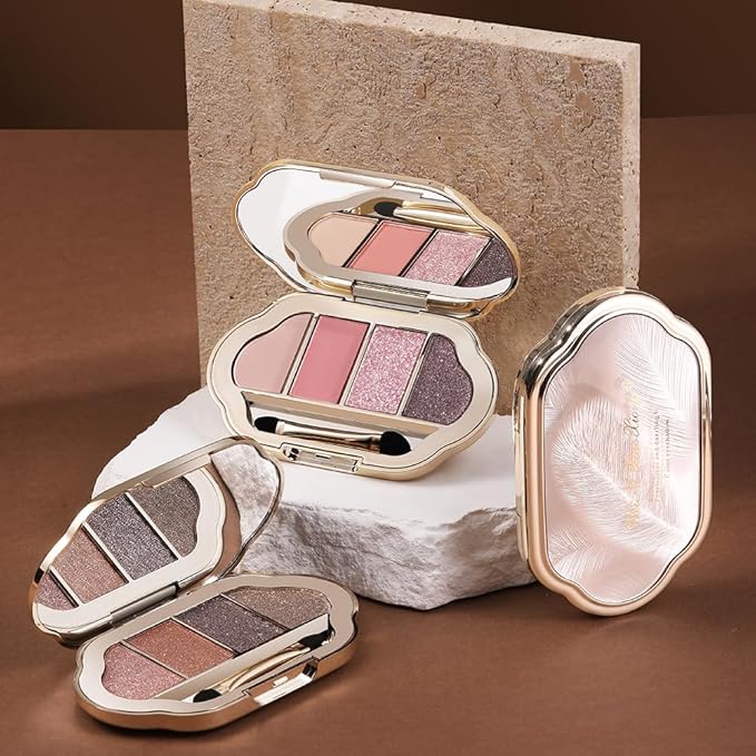 Eyeshadow Palette 4 Colors, Rose Nude Pink Brown Matte Shimmer Eyeshadow, Highly Pigmented Blendable Long-Lasting Eye Shadow, Soft Silky No Fallout Daily Natural Glam Makeup, Makeup Gift for Women-B1