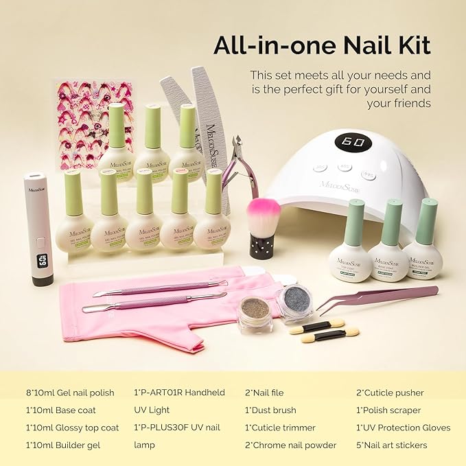 MelodySusie Gel Nail Polish Kit with P-Plus30F UV Nail Lamp - Handheld Cordless P-Art01R UV Light Classic Popular Colors Plant Based Gel Polish with Top Coat Base Coat Builder Manicure Tools