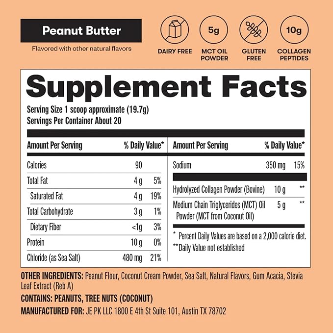 Perfect Keto Collagen Peptides Protein Powder with MCT Oil, Hydrolyzed Collagen, Type I & III Supplement, Gluten Free Grass Fed, Low Carb, Keto Coffee Creamer, Collagen for Women & Men, Peanut Butter