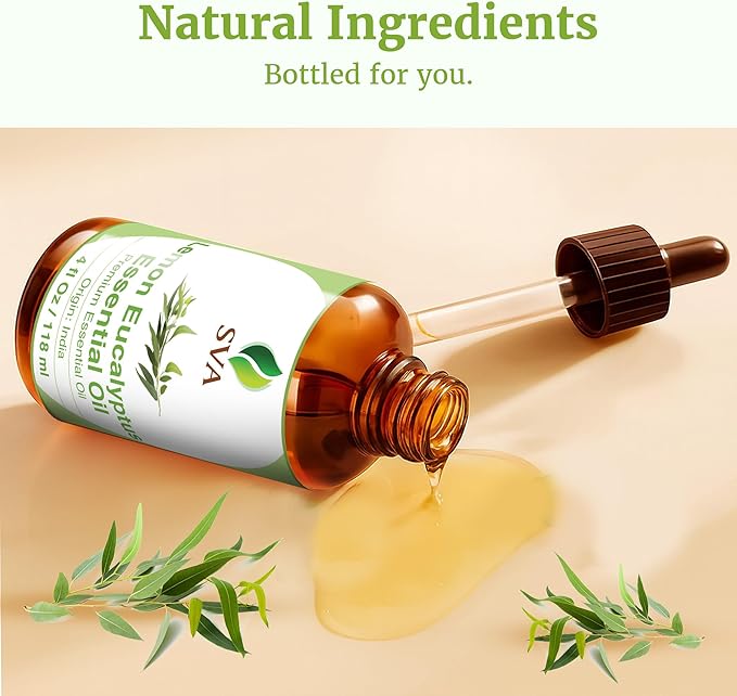 SVA Lemon Eucalyptus Essential Oil – 4 Fl Oz – 100% Natural Citriodora Oil - for Diffuser, Hair Care, Face, Skin Care, Aromatherapy, Scalp and Body Massage, Soap and Candle Making – with Dropper