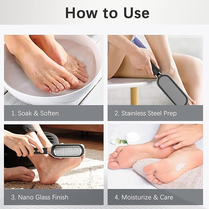 FREATECH 2-in-1 Foot File Nano Glass & Stainless Steel Foot Rasp for Callus Remover, Professional Pedicure Tool for Hard Cracked Dead Heel Skin, Smooth Exfoliating Heel Care for Home Spa Shower