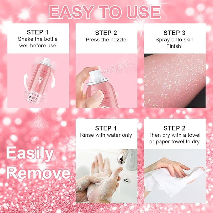 Hair and Body Glitter Spray, 60ml Pink Glitter Hairspray Dry Powder Makeup for Clothes, Festival Rave Prom Loose Sparkle Powder,Holographic Ultra Fine Glitters for Crafts (Pink)