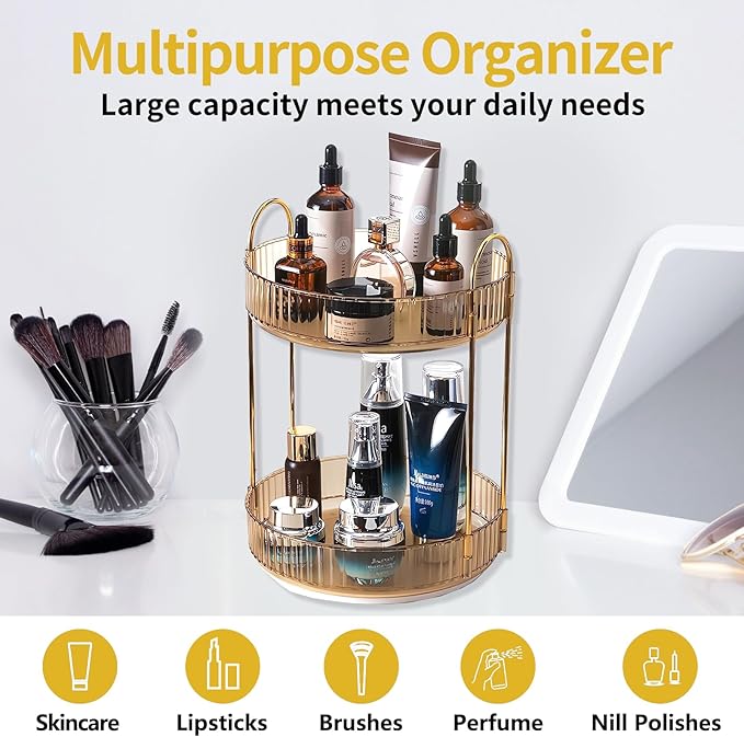 360 Rotating Gold Makeup Organizer,2 Tier Large Capacity Rotating Makeup Organizer,SkincarePerfume Organizer,Bathroom Cosmetics Storage Organizer Countertop (Gold-2 Tier)
