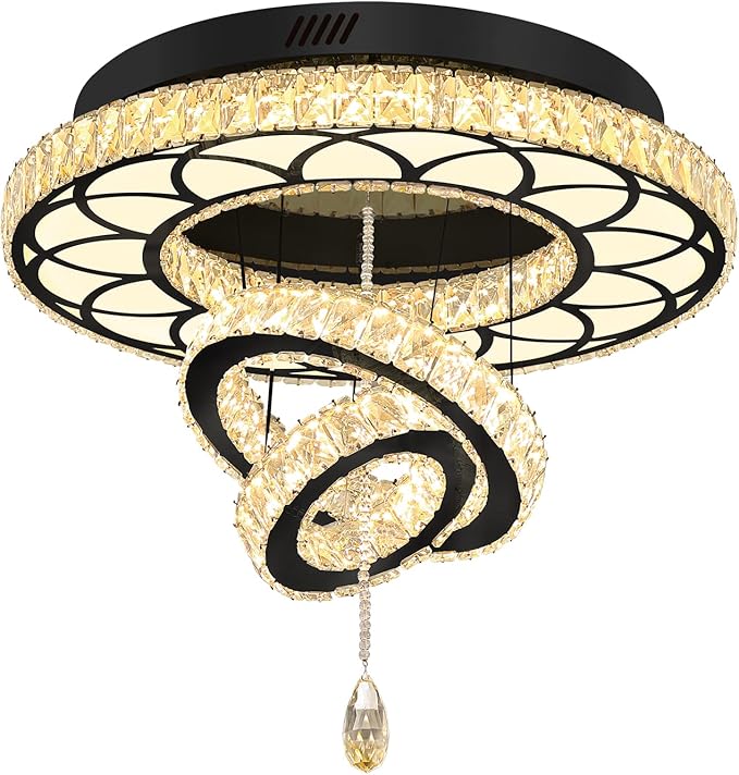 Flashing God Dia 24" Crystal Chandelier Crystal Black Ceiling Light Fixtures LED Flush Mount Ceiling Light for Living Room Bedrooms Dining Room Dimmable 2700k 4500k 6000k
