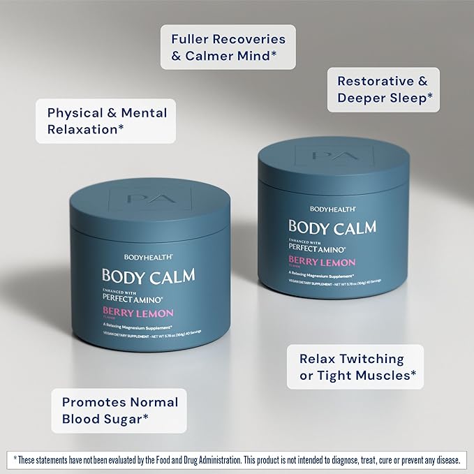 BodyHealth Body Calm Enhanced with PerfectAmino, High Absorption Magnesium Supplement for Men and Women, Magnesium Powder for Sleep, Berry Lemon (40 Servings)