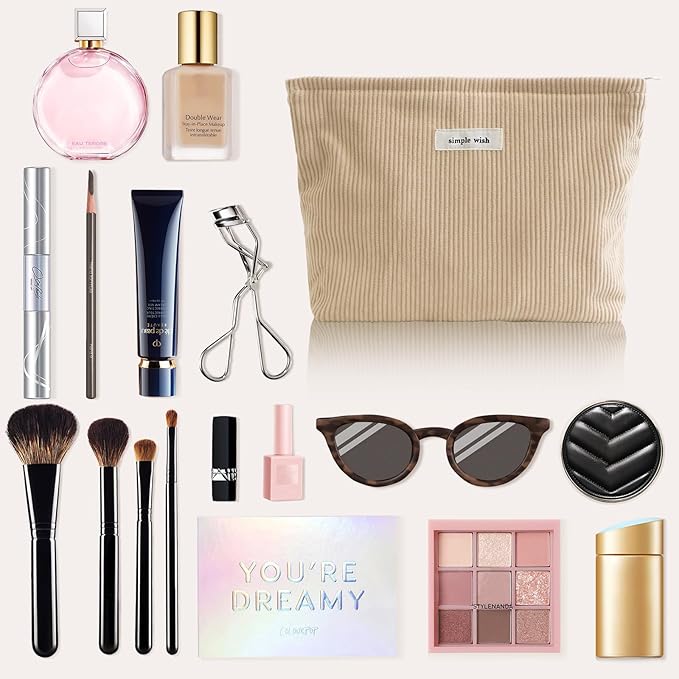 Wudygirl Makeup Bag Corduroy Cosmetic Bag for Women Large Capacity Makeup Pouch Travel Toiletry Bag Portable Makeup Organizer Zipper Handbag Pouch (Khaki)