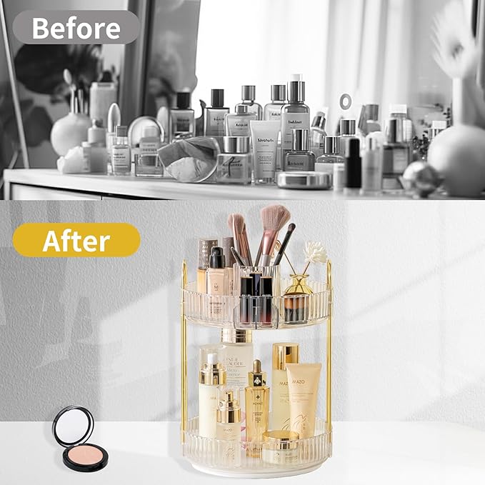 360 Rotating Makeup Organizer,2 Tier Large Capacity Make Up Organizers and Storage,Skincare Perfume Vanity Organizers,Bathroom Cosmetics Storage Organizer Countertop(Clear)