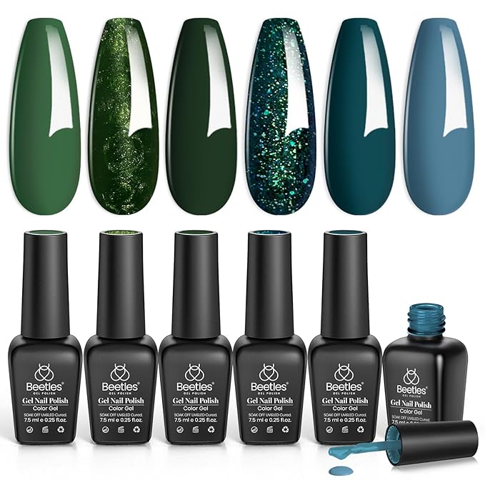 Beetles Green Gel Nail Polish Set - Boundless Forest Dark Green Gel Polish, 6 Colors Soak Off Uv LED Nail Lamp Gel Nail Kit Home DIY Manicure Nail Salon