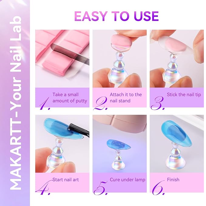Makartt Press on Nails Stand: Clear and Pink Nail Holder for Painting Nails, Stands for Art Display Practice, Magnetic Clear Glitter Flower Fake Holders with Reusable Adhesive Putty for Home Salon DIY