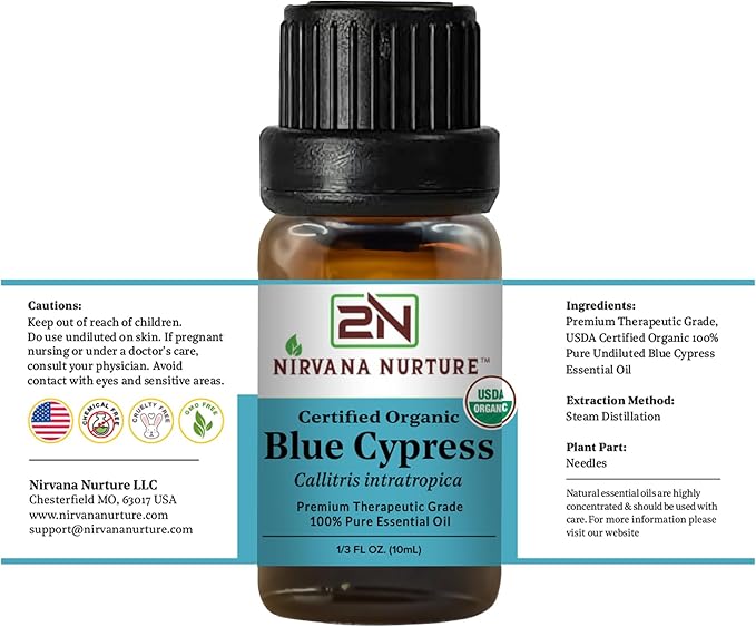 Blue Cypress Essential Oil USDA Certified Organic, 100% Pure Natural Premium Grade, Undiluted