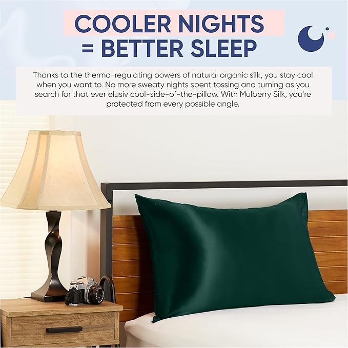 Blissy Silk Pillowcase - 100% Pure Mulberry Silk - 22 Momme 6A High-Grade Fibers - Silk Pillow Cover for Hair & Skin - Regular, Queen & King (Emerald, Queen)