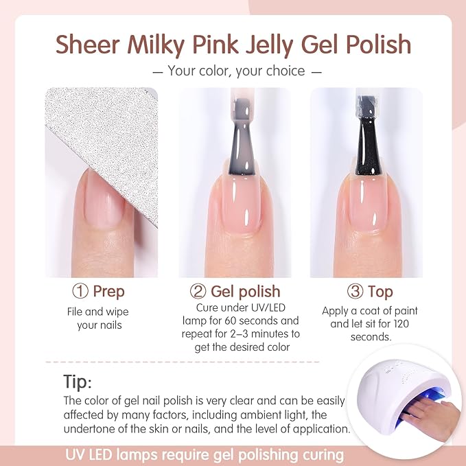 Icy Jelly Nude Pink Gel Nail Polish Set of 6 Transparent Milky White Colors Sheer Gel Polish x Kit for Salon Manicure and Nail Art DIY at Home