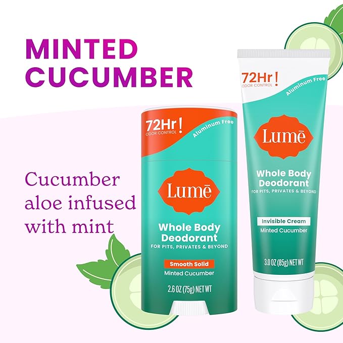 Lume Whole Body Deodorant - Invisible Cream and Solid - 72 Hour Odor Control - Aluminum Free, Baking Soda Free, Skin Safe - 3.0 Ounce Cream and 2.6 Ounce Solid Bundle (Minted Cucumber)