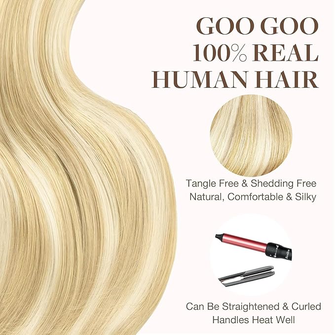 GOO GOO Tape in Hair Extensions Human Hair, 18D/22F Dirty Blonde Highlights, 20inch 100g 40pcs, Skin Weft Seamless Invisible, Silky Straight with Thick Ends, Remy Human Hair