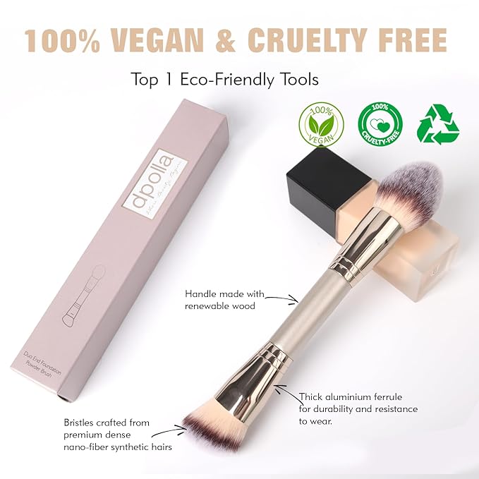Dual-Ended Foundation Brush: Round & Angled Pro-Grade makeup brushes, 100% Vegan Synthetic Makeup Brush for Flawless Blending and Application of Liquid, Powder, Cream, Blush (Round Dual-Ended)