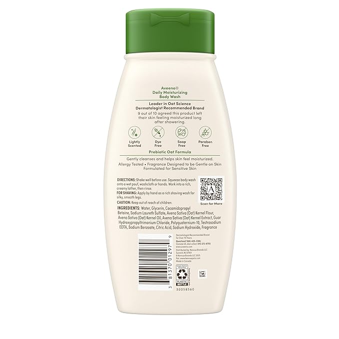 Aveeno Daily Moisturizing Body Wash for Dry & Sensitive Skin + Prebiotic Oat, Body Wash Gently Cleanses & Nourishes Dry Skin, Lightly Scented, Dye- & Paraben-Free, 18 fl. oz