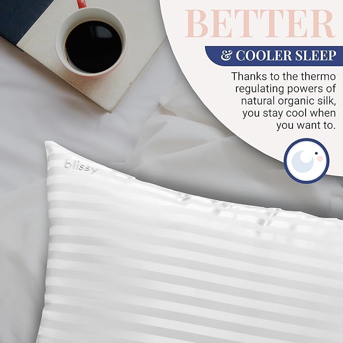 Blissy Silk Pillowcase - 100% Pure Mulberry Silk - 22 Momme 6A High-Grade Fibers - Silk Pillow Cover for Hair & Skin - Regular, Queen & King (White Striped, King)