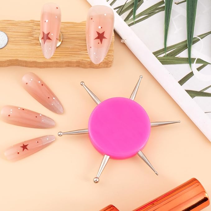Nail Dotting Tool, 6-in-1 Metal Dotting Tool Nail Art, Circular Nail Design Dotting Pen, Ergonomic Dotting Disc for Manicure Embossing, Tracing, Painting - Pink, 1pcs