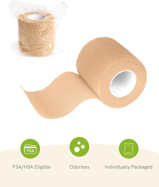 FriCARE Self Adhesive Bandage Wrap, Medical Tape in First Aid Kit, Cohesive Bandages for Wounds Sport Vet, 2 Inches X 5 Yards 6 Rolls, Tan