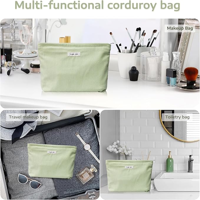 Wudygirl Travel Makeup Bag,Portable Cosmetic Bags,Large Capacity Makeup Bag Organizer for Women,Corduroy Zipper Pouch(Light Green)