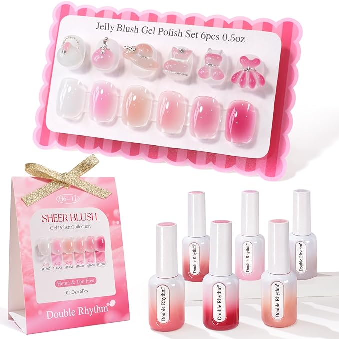 Double Rhythm 6 Pcs Hema Free Gel Polish Set 0.50 OZ Same Color Same Bottle Soak Off Neutral Natural Milky Gel Polish Kit Nail Art Manicure Salon DIY at Home (Jelly White Nude Pink-H6-11)