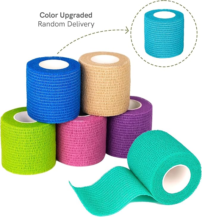 FriCARE Self Adhesive Bandage Wrap, Medical Tape in First Aid Kit, Cohesive Bandages for Wounds Sport Vet, 2 Inches X 5 Yards 6 Rolls, Rainbow