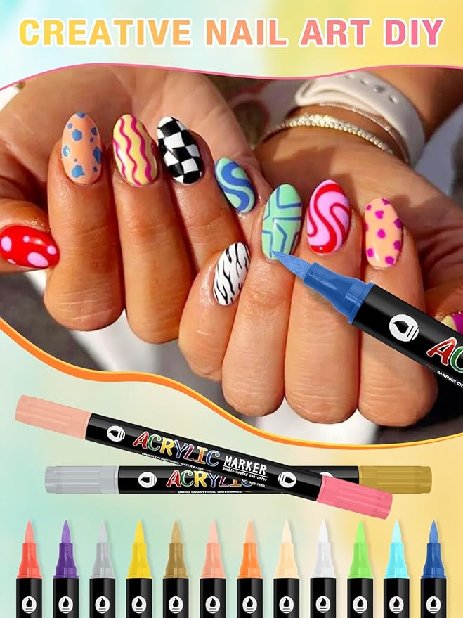 EBANKU 24 Color Nail Art Pens Set 3D Acrylic Paint Nail Art Quick-Drying Nail Point Dotting Liner Pen Sets for Home & Salon Nail DIY, 12 Count Double Headed Nail Pens