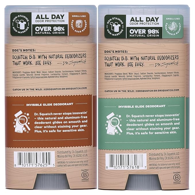 Dr. Squatch Invisible Glide Natural Men’s Deodorant – Smooth Glide, No Stains – Aluminum Free Deodorant Men – Safe for Sensitive Skin – Wood Barrel Bourbon + Rainforest Rapids, 2.65oz (2-Pack)