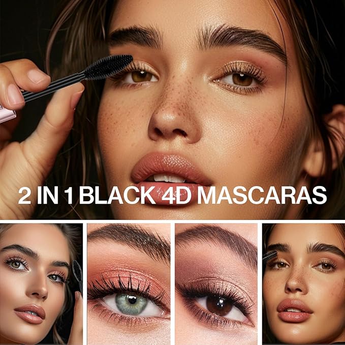 2 in 1 Double-effect 4D Curling Black Mascaras,Waterproof & Smudge Proof Lash Extensions Stereo Lengthening Mascara For Women,Quick-Not Sticky Long Lasting Charming No Clumping(2Pcs) A