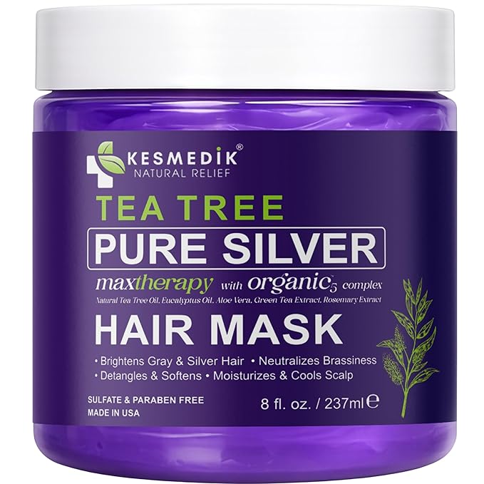 Tea Tree Purple Hair Mask Toner with Argan Oil, Deep Conditioner for Dry Damaged Bleached, Blonde White & Gray Hair, Relieves Itchy Scalp, Removes Brassy & Yellow Tones | Hair Mask Toner, Deep Conditioner, Gray Hair Care, Blonde Hair Care, Bleached Hai...