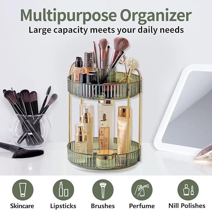 360 Rotating Makeup Organizer,2 Tier Large Capacity Make Up Organizers and Storage,Skincare Perfume Vanity Organizers,Bathroom Cosmetics Storage Organizer Countertop (Green)