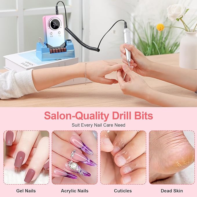 Electric 45000RPM Nail Drill Machine Rechargeable Portable Nail File Electric DIY Nail Drill Kit with Smart LCD Screen for Gel Nail Manicure and Pedicure Reflective Body etc (Gradient)