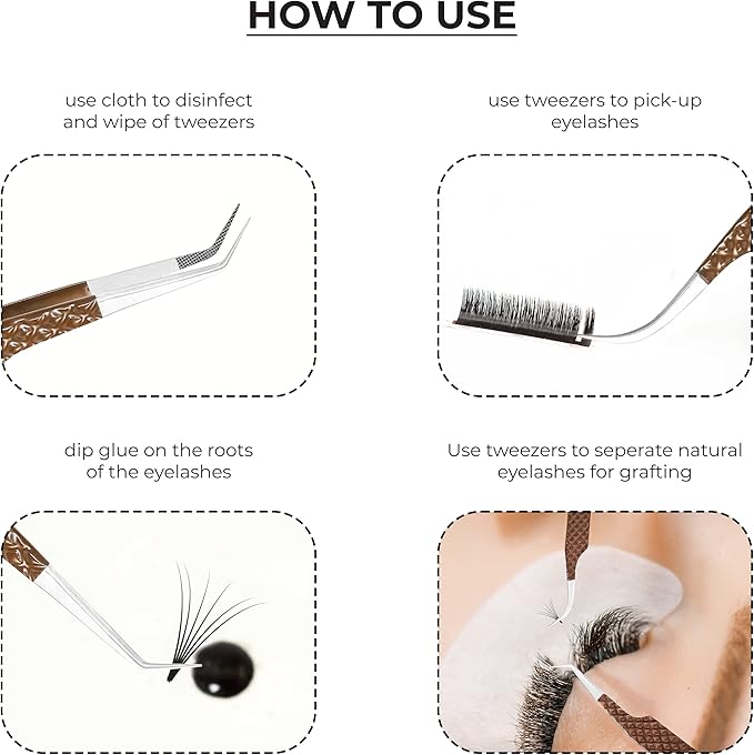 SIVOTE Lash Extension Tweezers Fiber Tips, Set of 4, Curved, Dolphin, 90 Degree & 45 Degree Tweezer, Chocolate