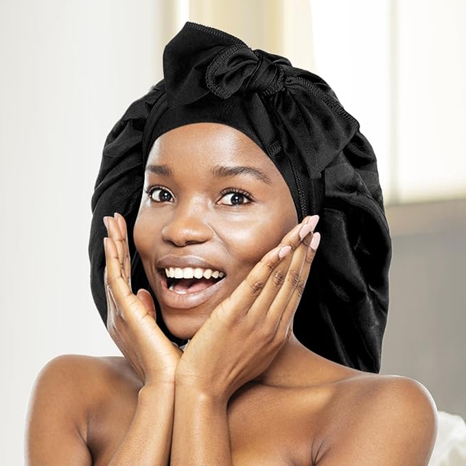 Arqumi 2 Pcs Satin Sleeping Bonnet, Large Long Strap Tie Band, Adjustable Sleep Night Cap Hair Bonnet for Women & Men, Black+Black
