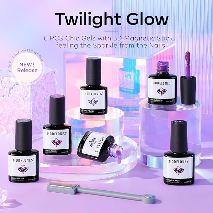 modelones Gel Nail Polish Set 6 Colors Purple Silver Cat Eye Gel Nail Polish Glitter Purple Chameleon Sparkle Silver Shade Shimmer Magnet Polish Soak Off Led Nail Art DIY Salon Gift For Women Girl