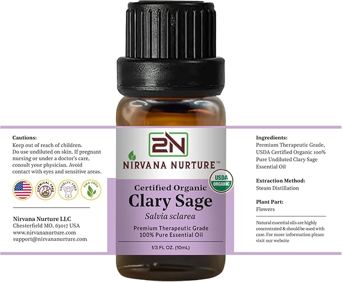 Clary Sage Essential Oil USDA Certified Organic, 100% Pure Natural Premium Grade, Undiluted