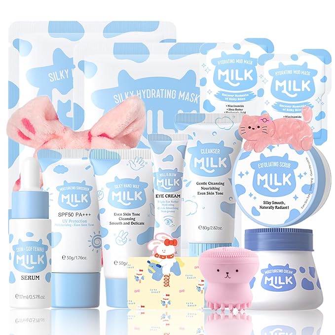 Milk Skincare Kit for Teens & Women, 15-Piece Travel Set with Face Mask & Moisturizer, Christmas Gifts for Teen Girls Age 8-12, Gentle Hydrating Routine for Smooth Skin, Cute Spa Gift Set for Tweens