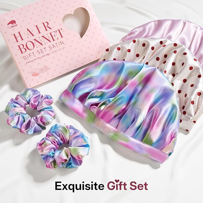 LitBear Silk Satin Bonnet for Sleeping Women, Adjustable Double Layer Hair Bonnet with Scrunchies for Curly Natural Hair, Non Slip Softer Night Sleep Cap