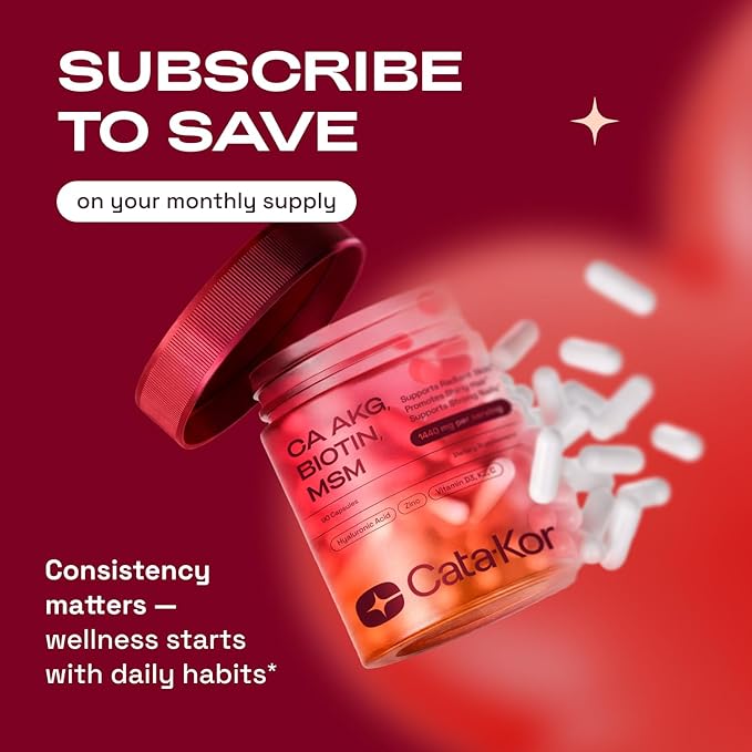 Cata-Kor Hair Skin and Nails Supplement with Biotin | Ca AKG | MSM | Hyaluronic Acid | Vitamin C & Vitamin D3 K2 – Hair Growth Supplements - Promotes Shiny Hair & Radiant Skin – 90 Capsules (1 Pack)