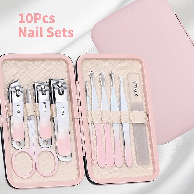 Manicure Set, 10 pcs High-Carbon Steel Nail Clippers Set, Portable Mini Manicure and Pedicure Kit, Travel Grooming Nail Kit with Leather Bag for Men and Women