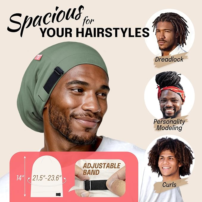 Large Satin Bonnet for Men Sleeping: Loc Cap Dreadlocks for Curly Braids, Silky for Frizzy Hair Smooth Military Green