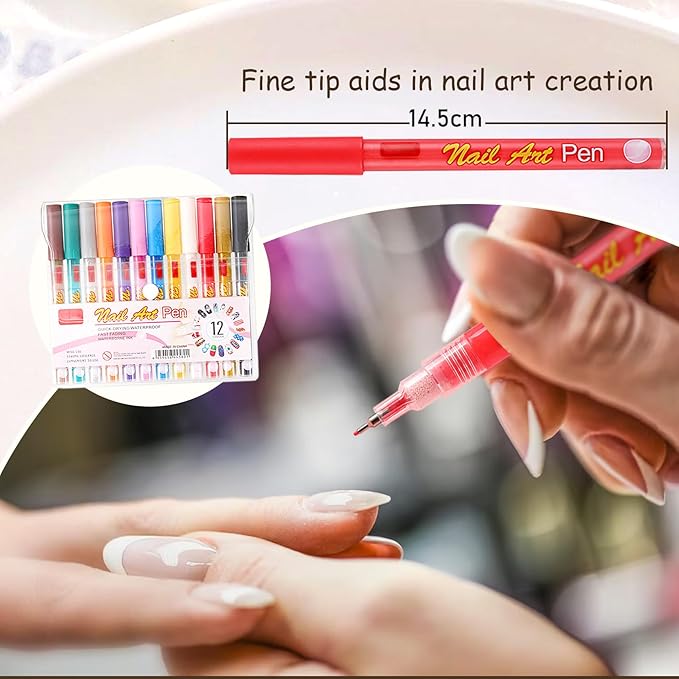 12 Colors Nail Art Pens Set,Nail Polish Pens for Painting Nails,Drawing Painting Dotting Liner Acrylic Nail Art Markers Kit,Waterproof Quick-Drying Nail Pens Manicure Tools for DIY Nail Art Design