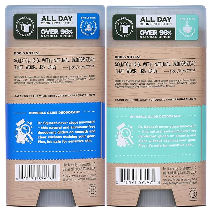 Dr. Squatch Invisible Glide Natural Men’s Deodorant – Smooth Glide, No Stains – Aluminum Free Deodorant Men – Safe for Sensitive Skin – Fresh Falls + Coconut Castaway, 2.65oz (2-Pack)