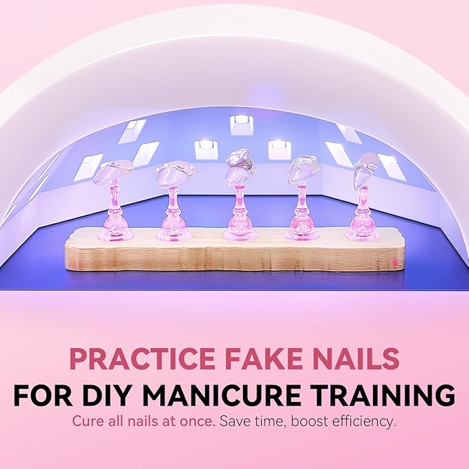 Nail Stand for Press On Art Display Practice 2 Sets, 1 Heart Acrylic Magnetic Nail Stands, Fake Nail Holder Tips, 200 PCS Double-Sided Tape, DIY Kit Home Supplies (Wood And Pink, Medium)