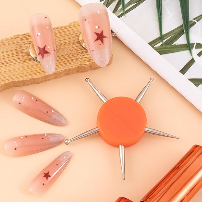Nail Dotting Tool, 5-in-1 Metal Dotting Tool Nail Art, Circular Nail Design Dotting Pen, Ergonomic Dotting Disc for Manicure Embossing, Tracing, Painting - Orange, 1pcs