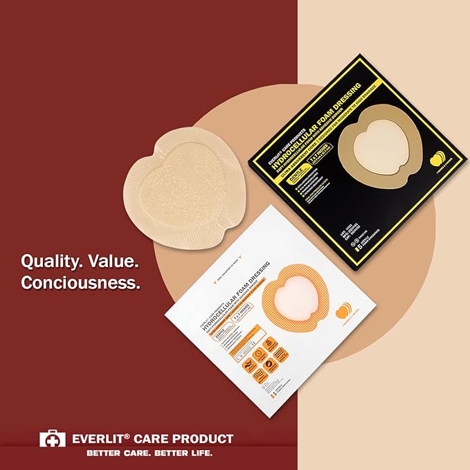 EVERLIT Sacrum Silicone Foam Dressing | Highly-Absorbent Waterproof Sacral Bandage Pad for Bed Sore Pressure Ulcer Wound Care | Sterile Adhesive Dressing for Chronic Wounds (7" x 7" | 5 Pack)