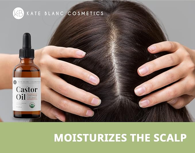 Kate Blanc Cosmetics Castor Oil Organic for Hair, Lashes, Face (2oz), 100% Pure, Cold Pressed, Hexane Free Hair Oil. Lash Serum for Thicker-Looking Eyelashes & Eyebrows